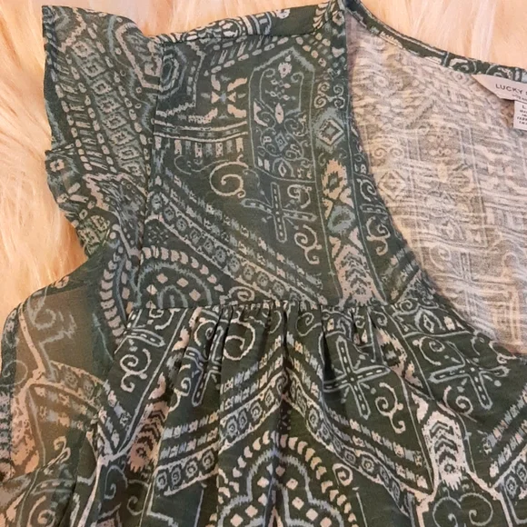 Lucky Brand Green/White/Blue Geometric Print Top, Large, NWT - Picture 3 of 12